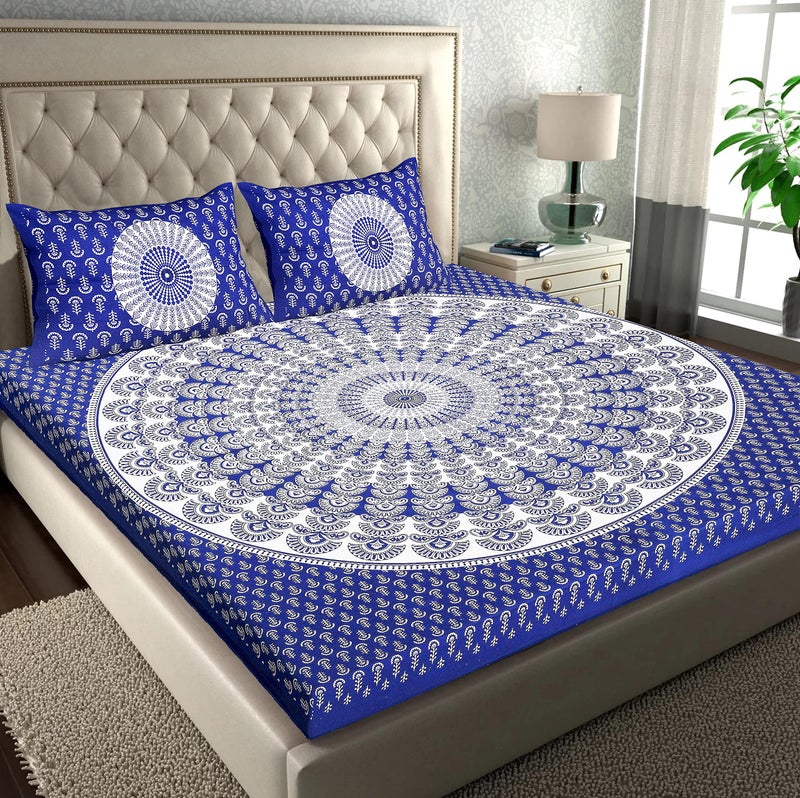 RajasthaniKart® Pure 100% Cotton 144TC Double Bed Sheet with 2 Pillow Covers (Bedsheet for Double Bed Cotton, Blue Rangoli) | 144 TC - Image 1