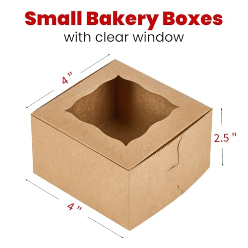 ZORRITA 24pcs Small Cookie Boxes with Window 4x4x25 Inch Kraft Bakery Boxes with Stickers Dessert Treat Containers for Pastry Mini Cake Strawberry Donut Individual Cupcake - Image 3