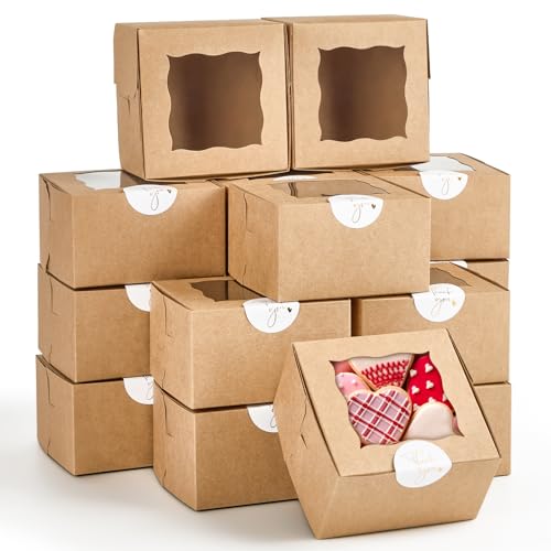 ZORRITA 24pcs Small Cookie Boxes with Window 4x4x25 Inch Kraft Bakery Boxes with Stickers Dessert Treat Containers for Pastry Mini Cake Strawberry Donut Individual Cupcake - Image 1
