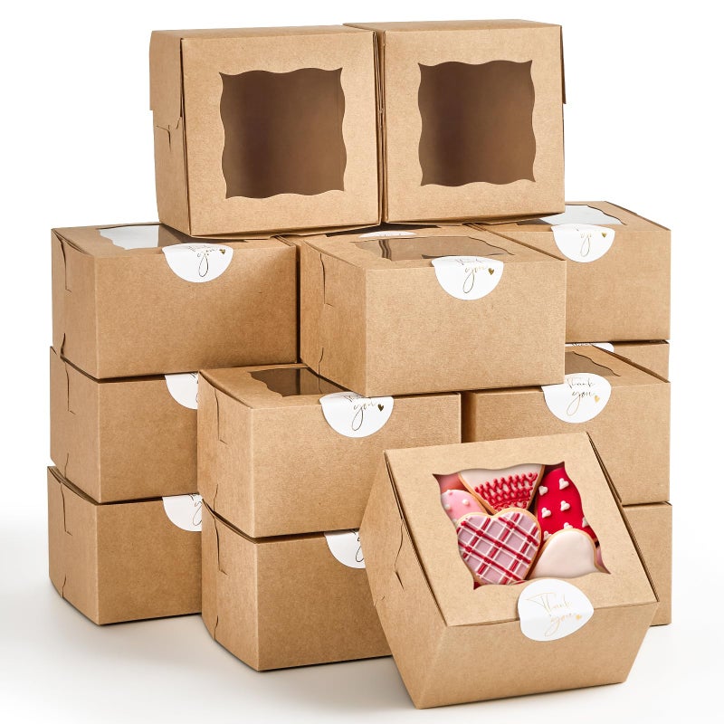 ZORRITA 24pcs Small Cookie Boxes with Window 4x4x25 Inch Kraft Bakery Boxes with Stickers Dessert Treat Containers for Pastry Mini Cake Strawberry Donut Individual Cupcake - Image 2