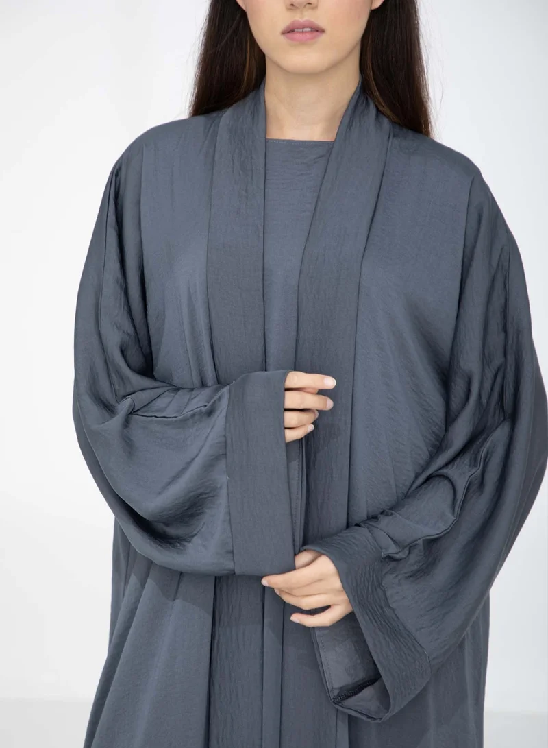 MSquare Fashion Dark Grey Harir Maqsood Open Abaya Set with Matching Under Dress & Headscarf