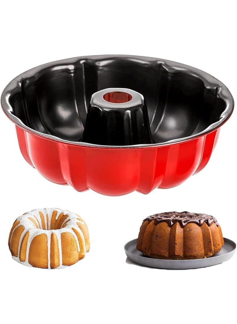 Ring Cake Tin, 24cm Tin Round Cake Pan Tray, Non-Stick Baking Moulding Tin, Carbon Steel,Fluted Ring Pan - Red - Image 1