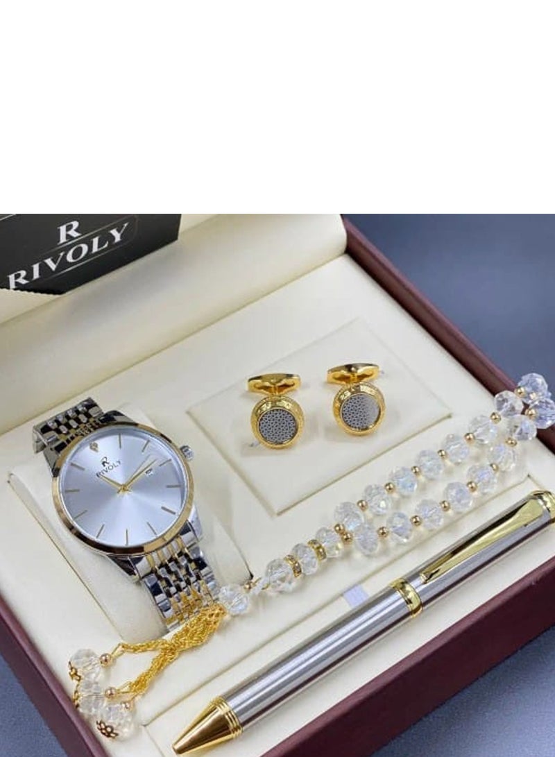 ريفولي مجموعة هدايا طقم ساعة رجالية من 4 قطع (ساعة يد مع قلم ومجموعة من الأزرار والمسبحة) - Image 1