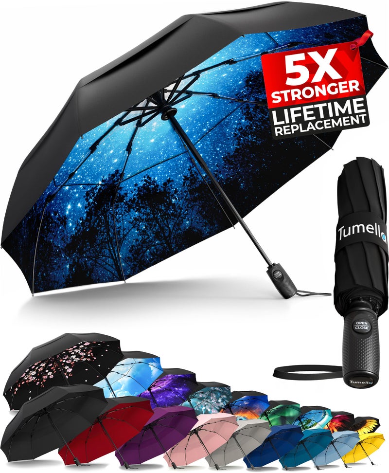 TUMELLA Strongest Windproof Travel Umbrella (Compact, Superior & Beautiful), Small Strong but Light Portable and Automatic Folding Rain Umbrella, Durable Premium Grip, Fits Car & Backpack - Image 1