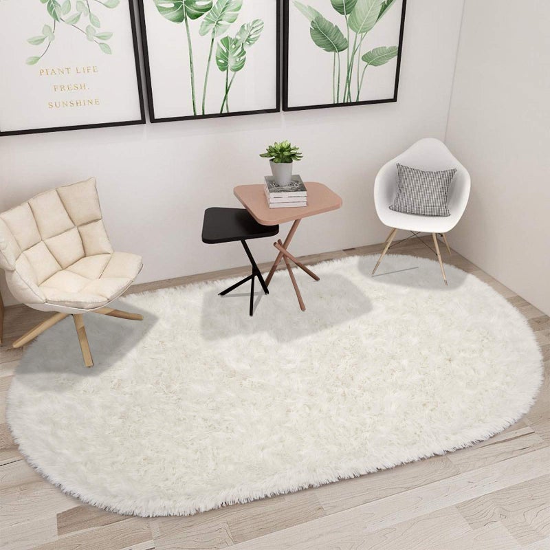 junovo Oval Fluffy Ultra Soft Area Rugs for Bedroom Plush Shaggy Carpet for Kids Room Bedside Nursery Mats  2.6 x 5.3ft  Creamy - Image 2