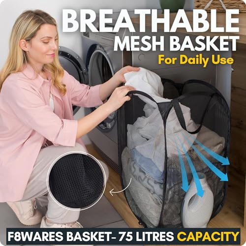 F8WARES 2PK 75 Litres Nylon Mesh Foldable Laundry Basket for Clothes - Odourless Breathable Laundry Bag for Clothes with Carry Handles - Kids Toy Baskets For Storage & Dirty Cloth Basket Hamper Black - Image 2