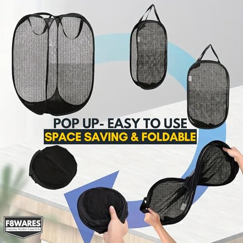 F8WARES 2PK 75 Litres Nylon Mesh Foldable Laundry Basket for Clothes - Odourless Breathable Laundry Bag for Clothes with Carry Handles - Kids Toy Baskets For Storage & Dirty Cloth Basket Hamper Black - Image 3