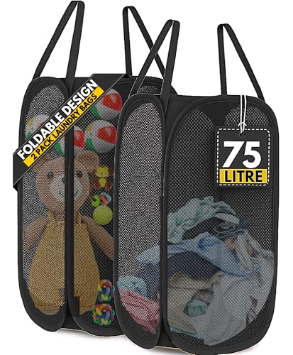 F8WARES 2PK 75 Litres Nylon Mesh Foldable Laundry Basket for Clothes - Odourless Breathable Laundry Bag for Clothes with Carry Handles - Kids Toy Baskets For Storage & Dirty Cloth Basket Hamper Black - Image 1