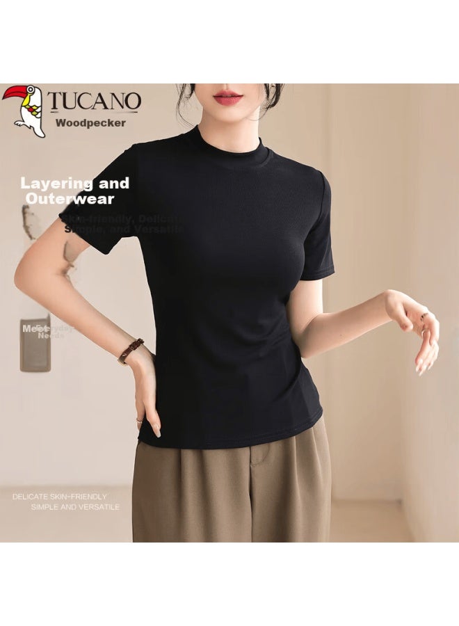 Wood Women's Short Sleeve T-shirt, Solid Color, Summer Half High Neck, Slim Fit, Black, Size S