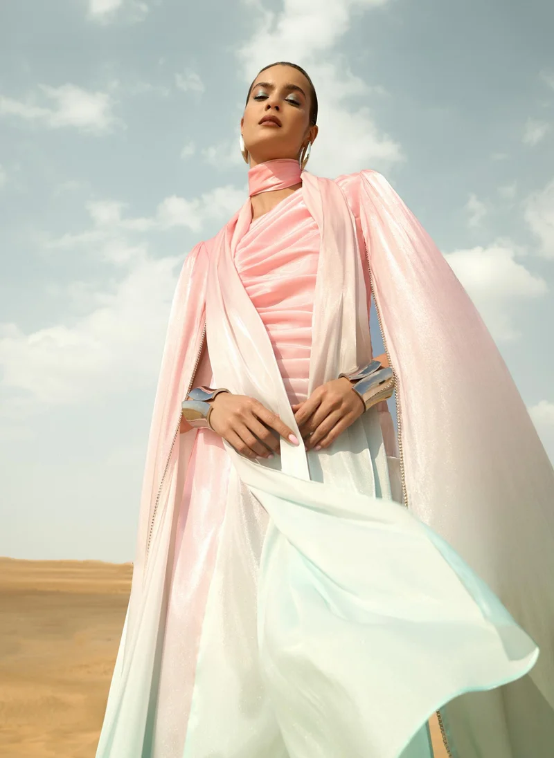 Lichi Maxi dress with asymmetric neckline and rhinestone embellishment on the sleeves