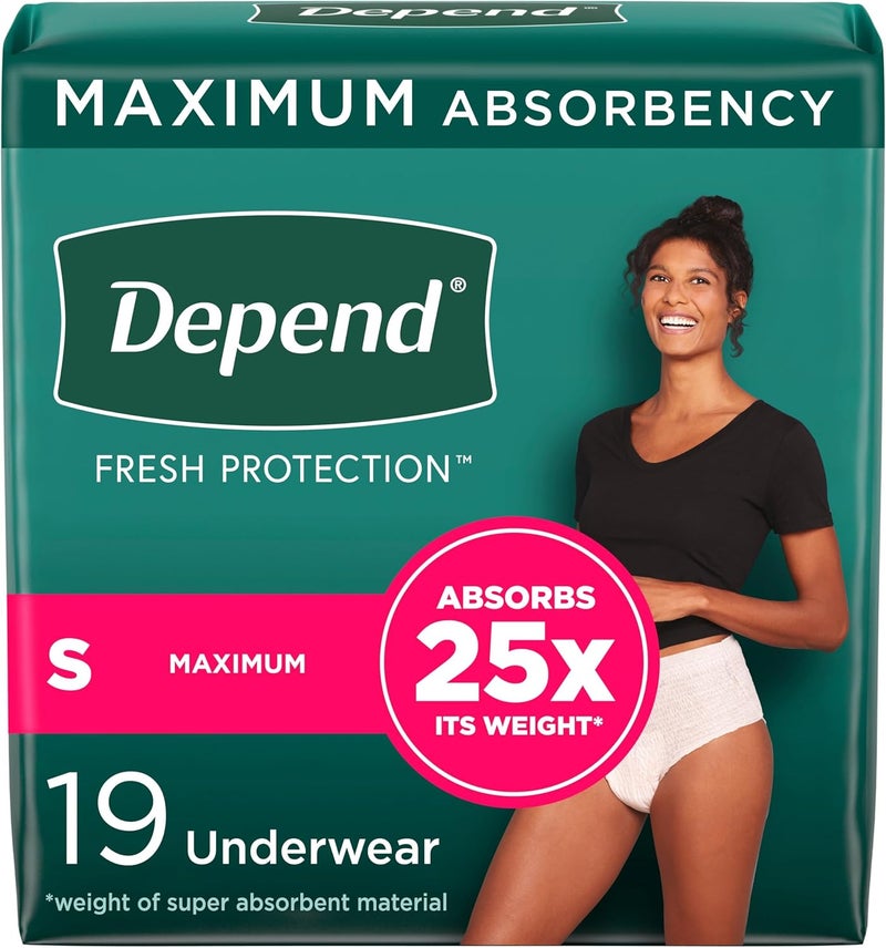Depend Depend Fresh Protection Adult Incontinence & Postpartum Bladder Leak Underwear for Women, Disposable, Maximum, Small, Blush, 19 Count, Packaging May Vary 
