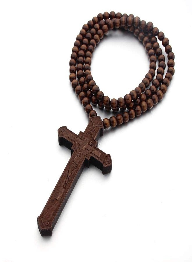 Jemant Wooden Cross Necklace For Men Beads Rosary Long Large Natural Wood Jesus Crucifix Cross Pendant Necklace 36inch Chain Religious Christian Prayer Faith Baptism Easter Handmade Jewelry (Brown) - Image 1