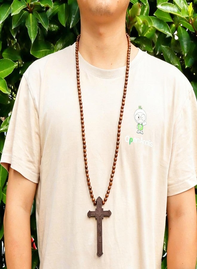 Jemant Wooden Cross Necklace For Men Beads Rosary Long Large Natural Wood Jesus Crucifix Cross Pendant Necklace 36inch Chain Religious Christian Prayer Faith Baptism Easter Handmade Jewelry (Brown) - Image 3
