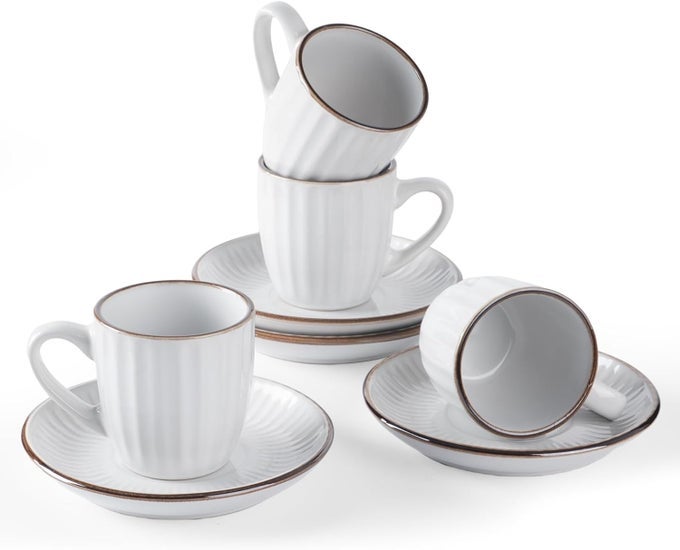 ESPRESSO CUPS AND SAUCERS SET OF 4 3 OZ CERAMIC SMALL COFFEE MUG WITH HANDLE EMBOSSED STONEWARE DEMITASSE CUP FOR TEA LATTE MICROWAVE DISHWASHER SAFE WHITE STRIPE