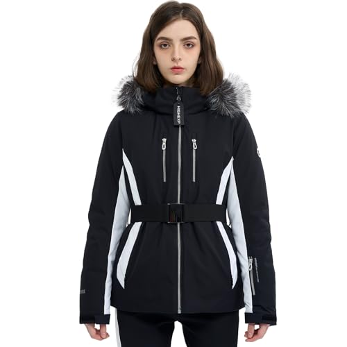 HIGH EXPERIENCE Women Ski Jacket Snowboard Fitted Slim Fit Short Snow Coat Belted Mountain Waterproof Insulated Warm Winter (US, Alpha, Small, Regular, Regular, Black) - Image 1