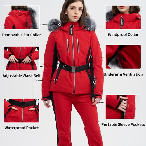 HIGH EXPERIENCE Women Ski Jacket Snowboard Fitted Slim Fit Short Snow Coat Belted Mountain Waterproof Insulated Warm Winter (US, Alpha, Small, Regular, Regular, Black) - Image 5