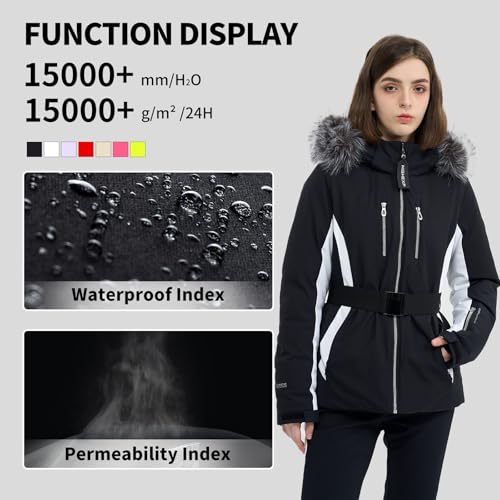 HIGH EXPERIENCE Women Ski Jacket Snowboard Fitted Slim Fit Short Snow Coat Belted Mountain Waterproof Insulated Warm Winter (US, Alpha, Small, Regular, Regular, Black) - Image 4