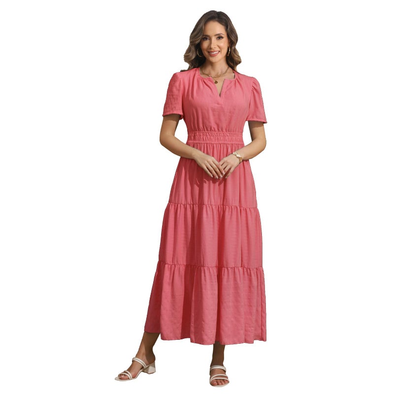 Rainday Womens Casual Maxi Dresses Fashion Holiday Short Sleeved Elastic Waist Beach Boho Dress with Pockets(Z3918PK,XL) - Image 2