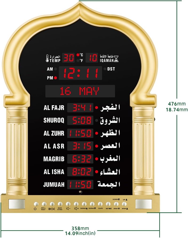 Azan Clock, Wall Clock Prayer Clock with LED Display for Read Home Office Digital Azan Clock Decorative Clock (Gold) - Image 2
