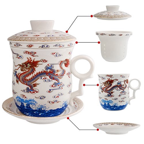 Tea Talent PLESIU Tea Talent Porcelain Tea Cup with Infuser Lid and Saucer Sets - Chinese Jingdezhen Ceramics Coffee Mug Teacup Loose Leaf Tea Brewing System for Home Office - Image 1