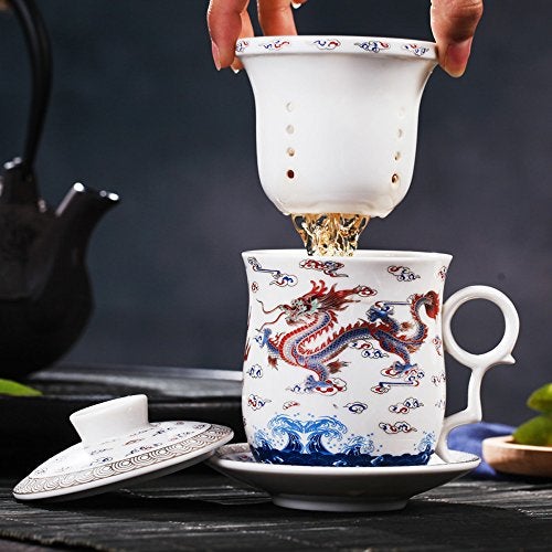 Tea Talent PLESIU Tea Talent Porcelain Tea Cup with Infuser Lid and Saucer Sets - Chinese Jingdezhen Ceramics Coffee Mug Teacup Loose Leaf Tea Brewing System for Home Office - Image 2