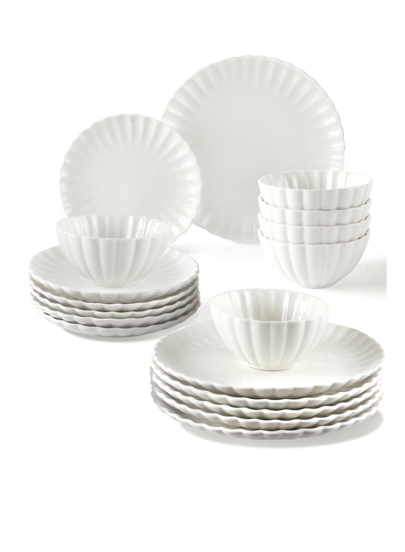 Noon East 18 Piece Porcelain Lotus Shape Dinnerware Set, 6x27cm Dinner Plates, 6x20cm Side Plates,, 6x15.5cm Bowls | Dishwasher and Microwave Safe | White - Image 1