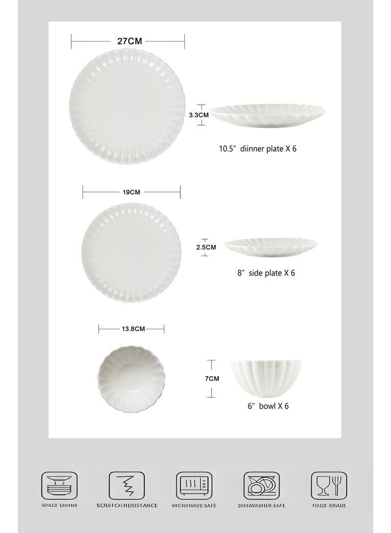Noon East 18 Piece Porcelain Lotus Shape Dinnerware Set, 6x27cm Dinner Plates, 6x20cm Side Plates,, 6x15.5cm Bowls | Dishwasher and Microwave Safe | White - Image 5