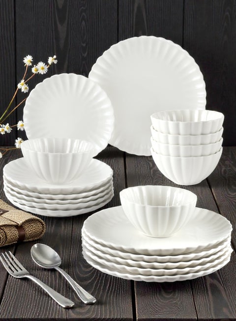 18 Piece Porcelain Lotus Shape Dinnerware Set, 6x27cm Dinner Plates, 6x20cm Side Plates,, 6x15.5cm Bowls | Dishwasher and Microwave Safe | White