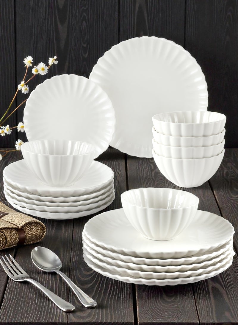 Noon East 18 Piece Porcelain Lotus Shape Dinnerware Set, 6x27cm Dinner Plates, 6x20cm Side Plates,, 6x15.5cm Bowls | Dishwasher and Microwave Safe | White - Image 1