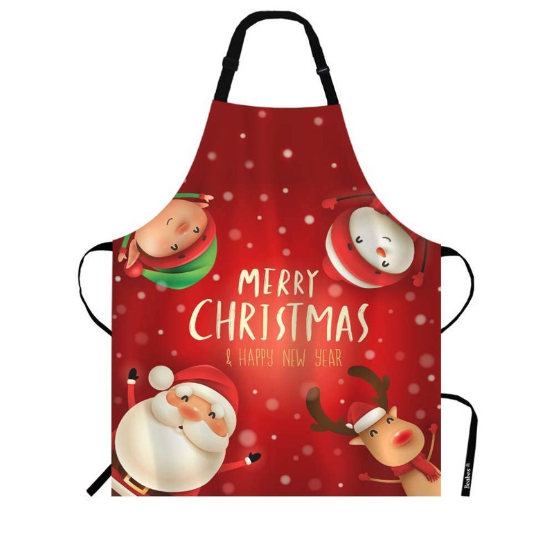 Beabes Santa Claus Snowman Reindeer Elf Snow Scene Kitchen Bib Apron Merry Christmas Cheerful Theme Polyester Adjustable Apron For Outdoor BBQ Gardening 27"" X 31"" For Chef Waitress - Image 1