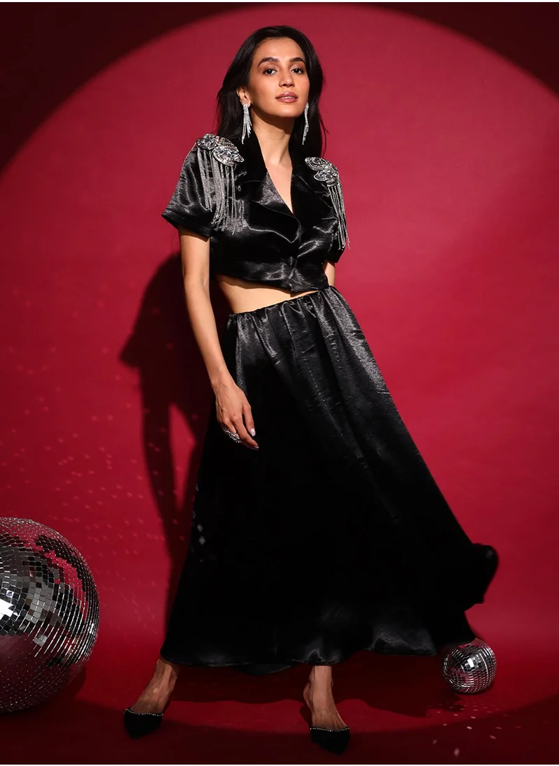 PINACOLADA Women'd Midnight Black Embellished Satin Co-Ord Set