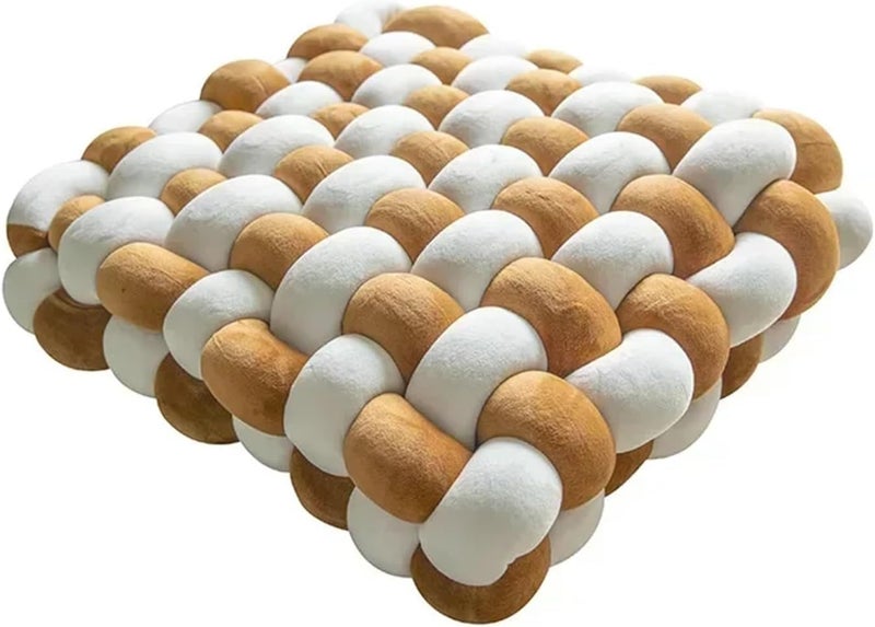Hand-Woven Knotted Pillow Knotted Square Cushion Stuffed Pillow Office Chair Decorative Plush Sleeping Back Knot Hand-Made for Home Decorations(White-Caramel) - Image 1