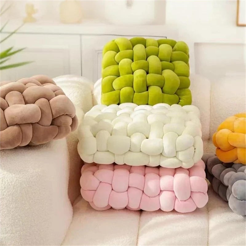 Hand-Woven Knotted Pillow Knotted Square Cushion Stuffed Pillow Office Chair Decorative Plush Sleeping Back Knot Hand-Made for Home Decorations(White-Caramel) - Image 4