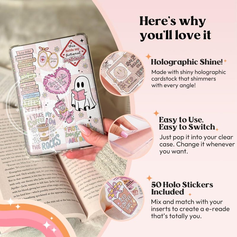Kaciola 12PCS Inserts Cardstock Paper for E-Reader, and 50PCS Scrapbook Stickers for Clear Case, 6.9"x4.8" Funny Theme E-Reader Back Cover Insert Decorating Accessories for Paper White 11th-12th - Image 4