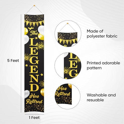 Untumble Retirement party decorations for both men & women, Black & Gold Door banner 2 pcs - "Happy Retirement" & "The Legend has Retired" - Printed cotton fabric with rope hanger - Image 2