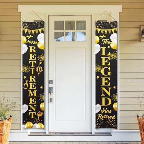 Untumble Retirement party decorations for both men & women, Black & Gold Door banner 2 pcs - "Happy Retirement" & "The Legend has Retired" - Printed cotton fabric with rope hanger - Image 1