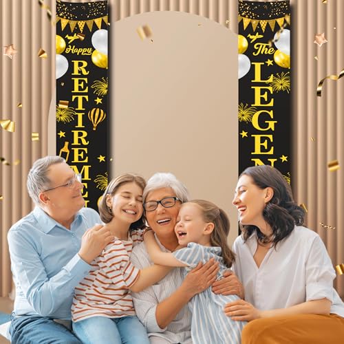 Untumble Retirement party decorations for both men & women, Black & Gold Door banner 2 pcs - "Happy Retirement" & "The Legend has Retired" - Printed cotton fabric with rope hanger - Image 4