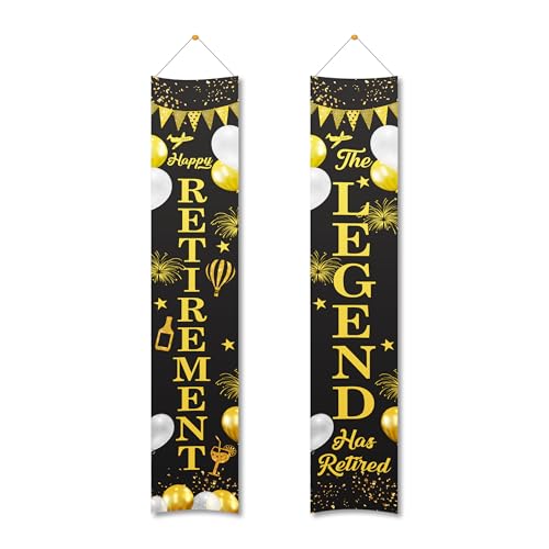 Untumble Retirement party decorations for both men & women, Black & Gold Door banner 2 pcs - "Happy Retirement" & "The Legend has Retired" - Printed cotton fabric with rope hanger - Image 3