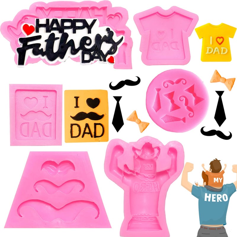 Doumeny 6Pcs Happy Fathers Day Fondant Mold I love Dad Silicon Mold Mustache Tie Baking Mold Bow Beard Chocolate Mold Necktie Tshirt Candy Mold Little Man Theme Biscuit Cake Mold for Birthday Decor