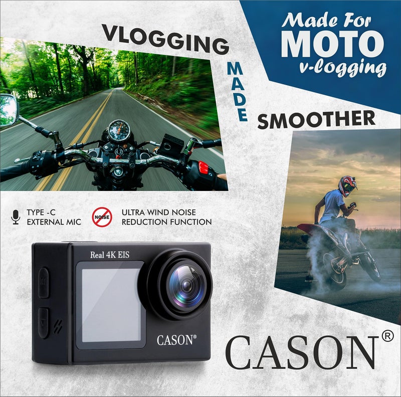 CASON CS6 5k 30Fps Action Camera, 4K Helmet Camera for Bike (Typc C) with EIS+Gyro,Anti Shake for Bike Helmet Camera, Touch Screen, 2 x 1350 mAh Battery and Many Extra Accessories (Black) - Image 2