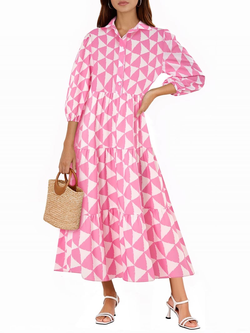 Wenrine Womens Casual Shirt Dress Floral 3/4 Sleeve Button Down V Neck Collared Loose Boho Beach Maxi Dresses A-Pink - Image 1