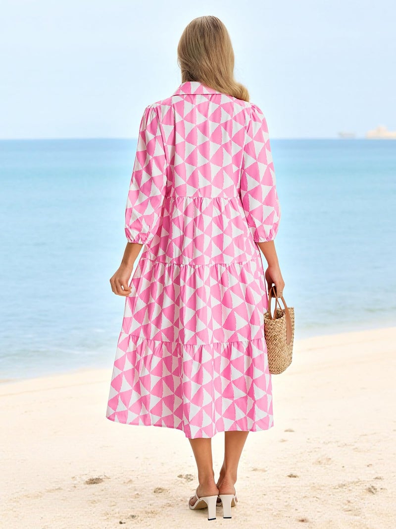 Wenrine Womens Casual Shirt Dress Floral 3/4 Sleeve Button Down V Neck Collared Loose Boho Beach Maxi Dresses A-Pink - Image 5