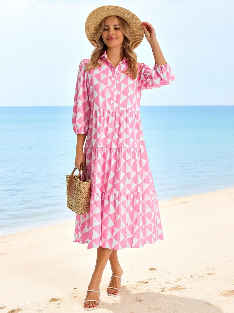 Wenrine Womens Casual Shirt Dress Floral 3/4 Sleeve Button Down V Neck Collared Loose Boho Beach Maxi Dresses A-Pink - Image 4