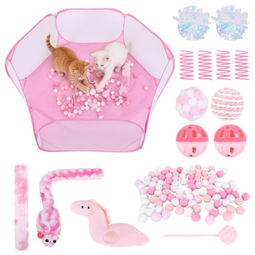 Foxtell Pink Cat Ball Pit Include 115 PCS Interactive Cat Toys for Indoor Bored Self Play Enrichment Toy for Indoor Cats Interactive Fun and Exercise - Image 1