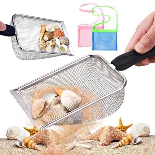 TUSAUW 4Pcs Beach Mesh Shovel with Bag Shark Tooth Mesh Bag for Shell Collecting Sand Sifter for The Beach Shovel for Boys and Girls Picking Up Shell - Image 1