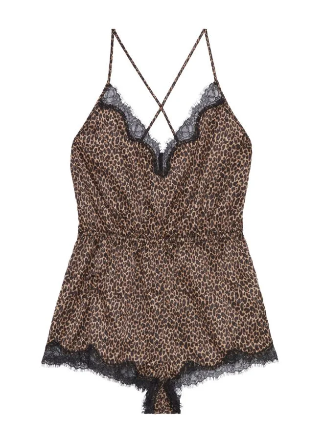 UNDIZ black Leopard print satin playsuit for Women | Best Price UAE