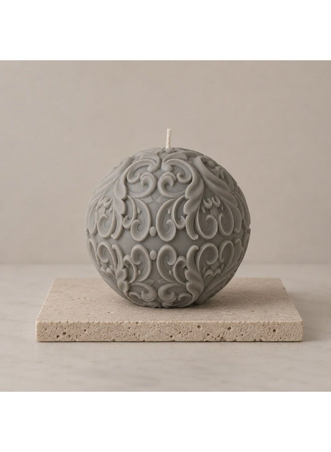 Grey Round Decorative Candle with Embossed Floral Scroll Pattern - Image 1