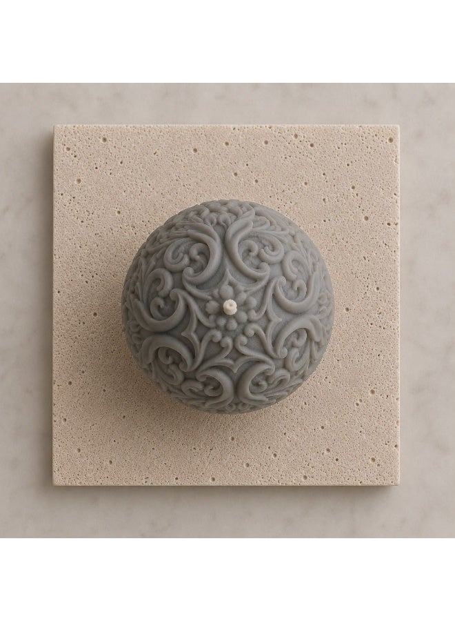 Grey Round Decorative Candle with Embossed Floral Scroll Pattern - Image 2