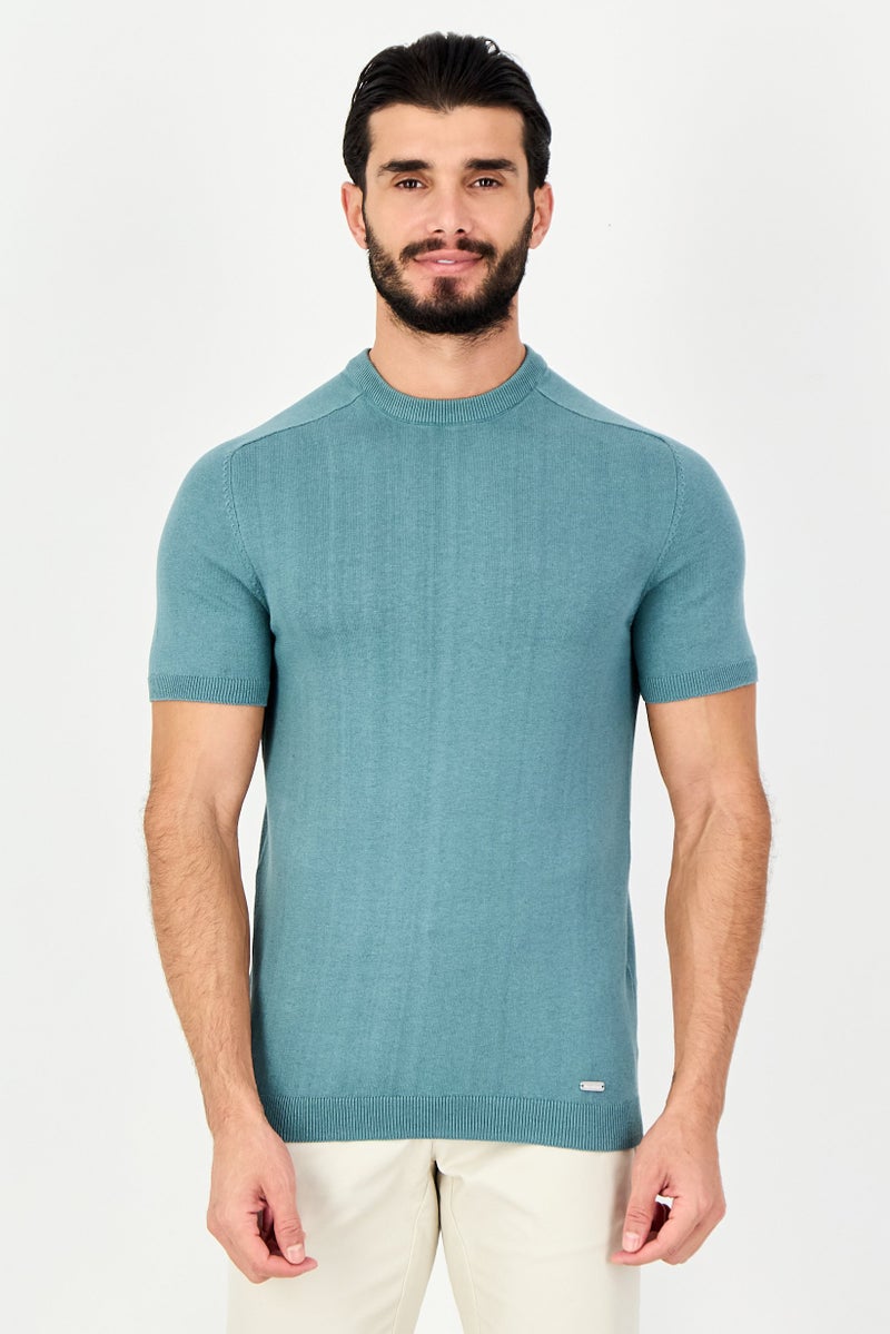 Threadbare Men Ribbed Neck Short Sleeve Solid T-Shirt, Dark Sage - Image 1