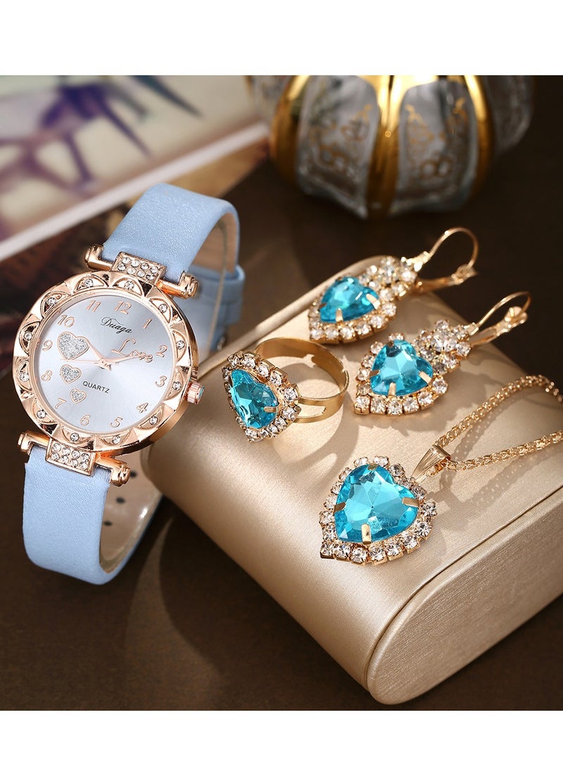 Geneva Ladies Watch Fashionable Women Quartz Diamond Wristwatch Classic Simple Watches Business Decoration Bangle Bracelet Necklace Ring Earring Girl Gift Set - Image 1